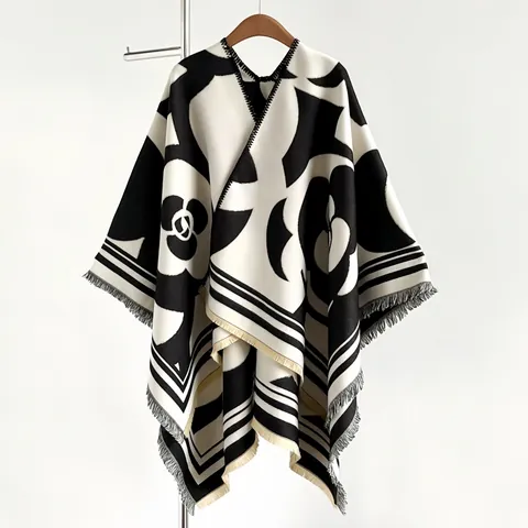Women Camellia Pattern Slit Shawl Poncho Imitation Cashmere Thick Warm Wrap With Tassels Geometric Jacquard Elegant Winter Cape