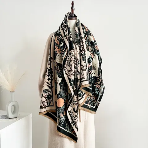 Sciarpa in Imitazione Cashmere con Motivo Gatto Vintage per Donna Sciarpa Spessa Jacquard con Nappine Scialle Caldo