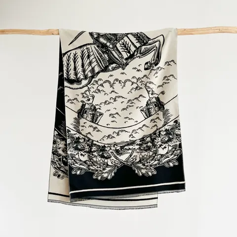 Dames Imitatie Kasjmier Sjaal Vintage Toile De Jouy Paardensport Print Grote Omslagdoek Franje Winter Warme Sjaal Voor Reizen