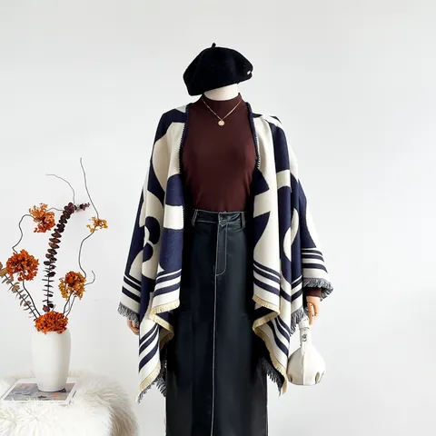 Women Camellia Pattern Slit Shawl Poncho Imitation Cashmere Thick Warm Wrap With Tassels Geometric Jacquard Elegant Winter Cape