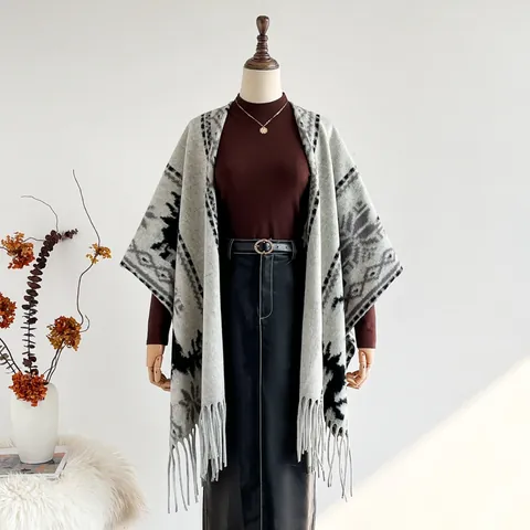 Women Ethnic Style Shawl Scarf With Tassel Trim Bohemian Geometric Snowflake Jacquard Pattern Winter Warm Wrap For Travel