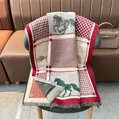 Bufanda de Caballo Ecuestre Vintage para Mujer Chal de Imitación de Cachemira Gruesa Borlas Pata de Gallo Patchwork Invierno