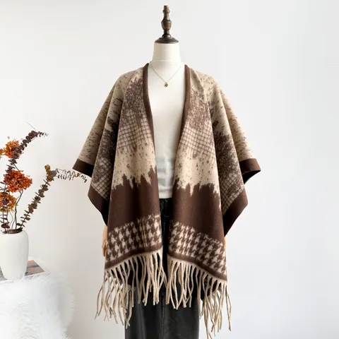 Britischer Stil Hahnentritt Kaschmir-Imitat Schultertuch Damen Winter Dick Warm Quasten Umhang Poncho Mode Oberbekleidung