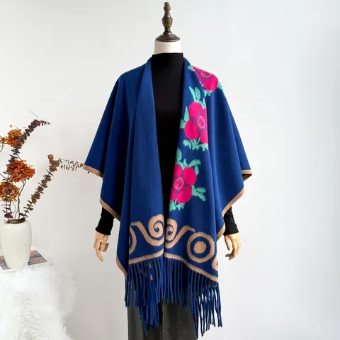 Damen Retro Ethnisch Blumen Quasten Poncho Umhang Jacquard Vorne Offen Warm Schal Wickel Winter Strickjacke Outdoor Reisen Top