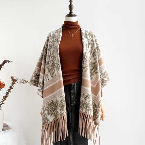 Damen Retro Waldmuster Poncho Schal Mit Quasten Kaschmir Imitat Dicke Warme Cape Für Reisen Büro Winter