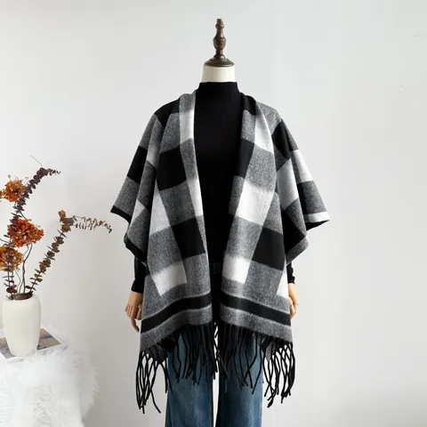 Chal Bufanda Vintage a Cuadros para Mujer Con Borlas Largas Grueso Cálido Invierno Poncho Capa para Viajes Moda Diaria