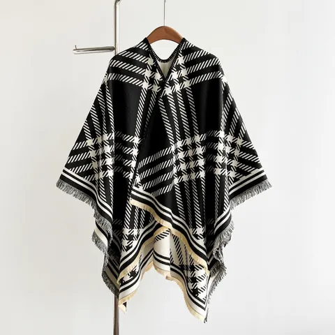 Women's Plaid Poncho Cape With Tassels Geometric Pattern Double-Sided Imitation Cashmere Shawl Winter Warm Open Front Wrap