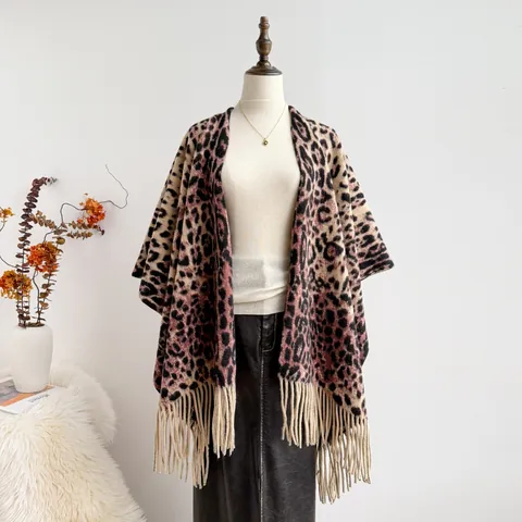 Women's Leopard Print Tassel Shawl Cloak Faux Cashmere Thickened Open Front Winter Warm Wrap Scarf Fashion Elegant Poncho