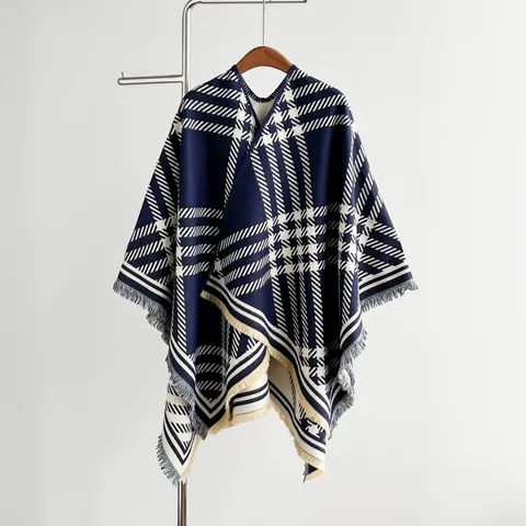 Women's Plaid Poncho Cape With Tassels Geometric Pattern Double-Sided Imitation Cashmere Shawl Winter Warm Open Front Wrap