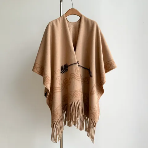 Poncho Scialle da Donna Invernale in Finto Cachemire Vintage Etnico Stampa Geometrica Con Nappine Mantella per Calore