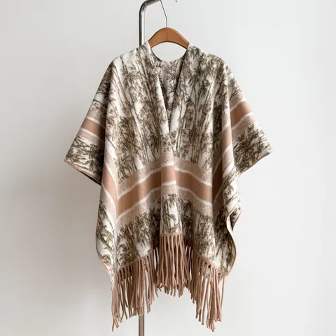 Damen Retro Waldmuster Poncho Schal Mit Quasten Kaschmir Imitat Dicke Warme Cape Für Reisen Büro Winter