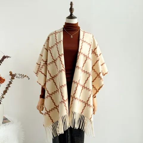 Damen Koreanischer Stil Retro Wellengitter Poncho Umhang Mit Quasten Weiches Polyester Imitation Kaschmir Schlitzmantel Schal Für Reisen Alltag