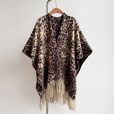 Women's Leopard Print Tassel Shawl Cloak Faux Cashmere Thickened Open Front Winter Warm Wrap Scarf Fashion Elegant Poncho