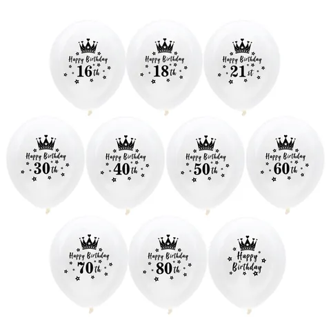 12 Inch Birthday Latex Balloons With Crown Number Printing Milestone Age Anniversary Party Decorations Transparent White Balloons