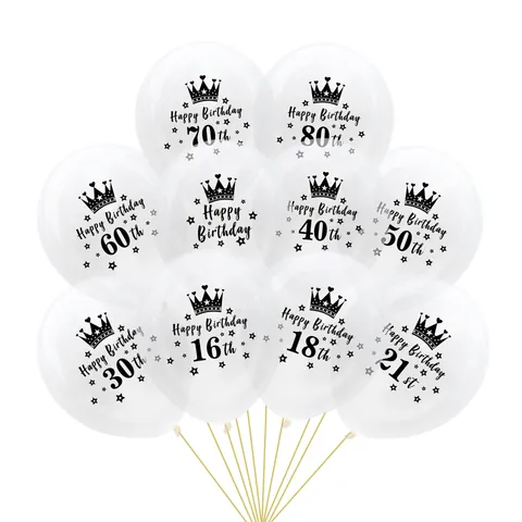 12 Inch Birthday Latex Balloons With Crown Number Printing Milestone Age Anniversary Party Decorations Transparent White Balloons