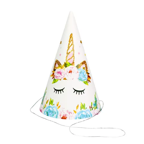 Unicorn Birthday Party Hats White Paper Cone Hats With Gold Glitter Horn Cartoon Design For Kids Celebration Decoration