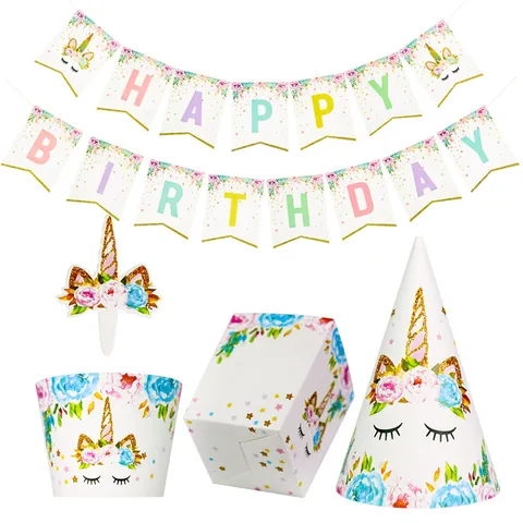 Unicorn Theme Birthday Party Decoration Set With Happy Birthday Banner Cake Toppers Popcorn Boxes Party Hats Floral Gold Foil Supplies