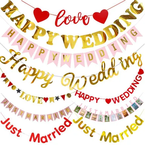 Just Married Happy Wedding Bunting Banner Paper Swallowtail Flag Heart Love Marry Me Proposal Garland Party Decoration