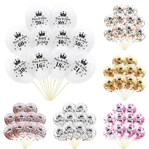 Ballons Confettis Joyeux Anniversaire Âge 16 18 21 30 40 50 60 Ballon en Latex Transparent Avec Imprimé Couronne Étoile Or Or Rose Fragments de Papier Multicolores Pour Décoration de Fête d'Anniversaire
