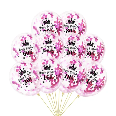 Ballons Confettis Joyeux Anniversaire Âge 16 18 21 30 40 50 60 Ballon en Latex Transparent Avec Imprimé Couronne Étoile Or Or Rose Fragments de Papier Multicolores Pour Décoration de Fête d'Anniversaire