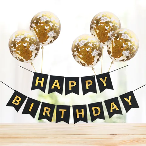 Gilded Happy Birthday Banner And Round Sequin Confetti Balloons Set Latex Balloons Party Decoration For Birthday Celebration