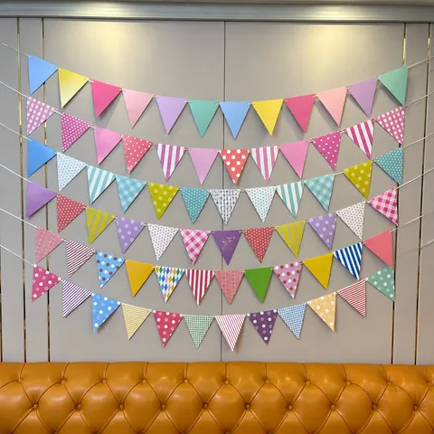 Bunte Papier Wimpelkette Mit Punktmuster Streifen Gitter Mustern Für Geburtstag Hochzeit Party Hintergrund Wand Hängen Dekorationen