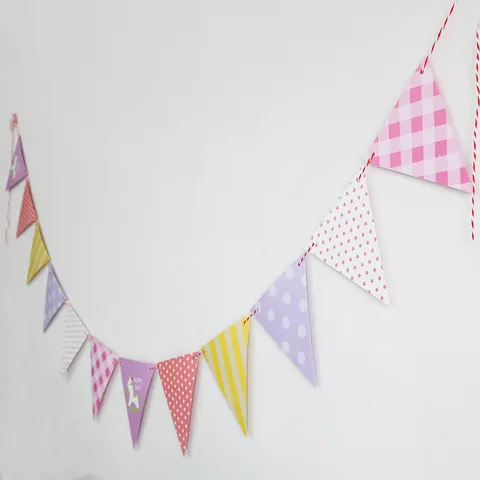 Colorful Paper Triangle Bunting Banner With Polka Dots Stripes Grid Patterns For Birthday Wedding Party Backdrop Wall Hanging Decorations
