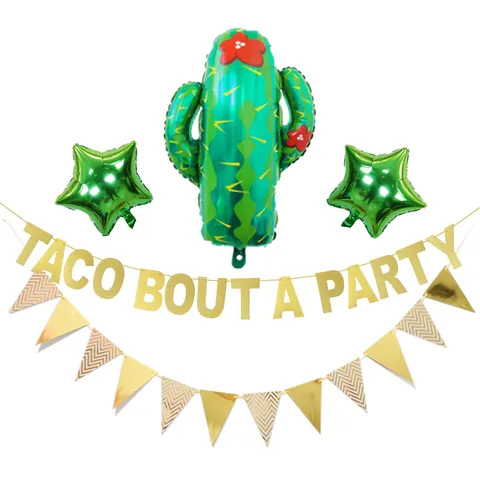 Cactus Pineapple Foil Balloon Set With Taco Bout A Party Glitter Banner For Fiesta Tropical Birthday Decorations