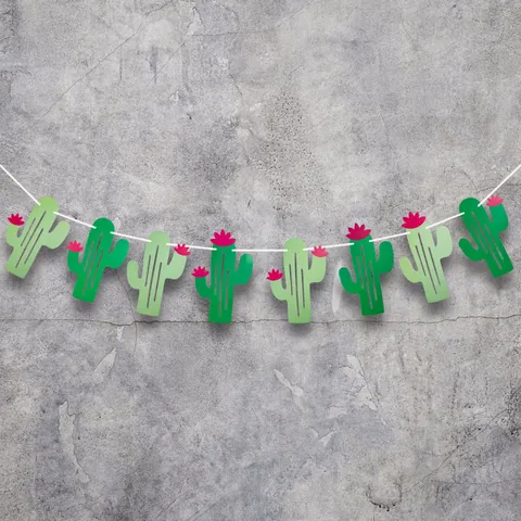 Tropical Glitter Cactus Paper Banner Garland With Pink Flowers Summer Party Decorations For Birthday Wedding Home Decor