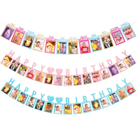 Baby First Birthday Month Photo Banner Garland Newborn Growth Record Paper Hanging Decoration Wedding Party Photo Display Pink Blue