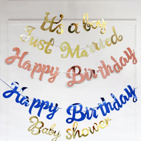 Happy Birthday Just Married Banner Skript Kalligraphie Spiegelpapier Girlande Für Hochzeit Geburtstag Party Deko Banner
