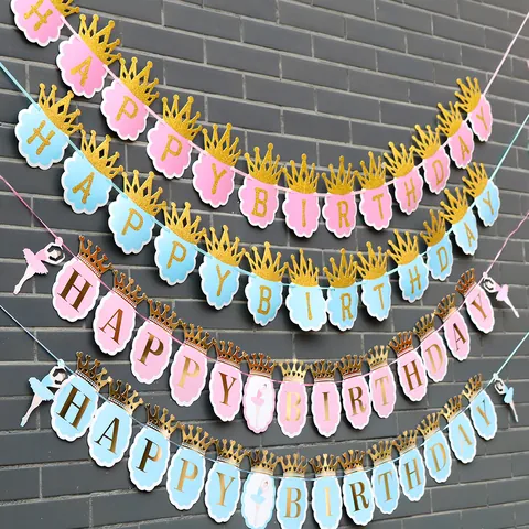 Happy Birthday Banner Paper Crown Ballet Girl Gold Glitter Hanging Garland Kids Party Decorations Pink Blue Letters