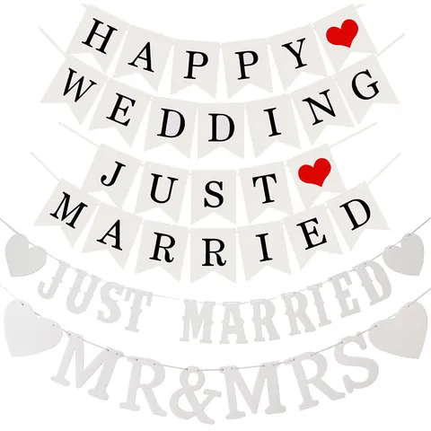Just Married Happy Wedding Banner Romantic Heart Garland Paper Bunting For Wedding Ceremony Engagement Proposal Party Decoration