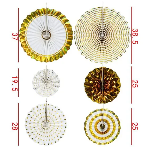 Folding Paper Fan Decorations For Wedding Birthday Party Gold White Stripes Polka Dots Metallic Pattern Paper Hanging Fans Backdrop Decor