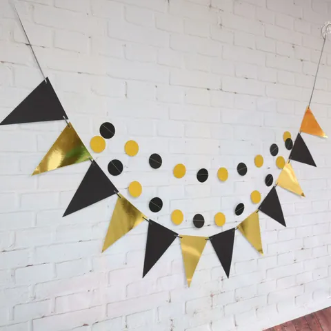 Black Gold Triangle Bunting Garland Happy Birthday Wedding Letter Banner Glitter Mirror Paper Decoration For Party Event