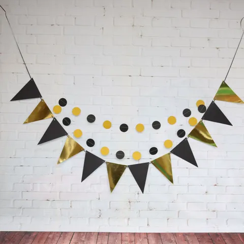Black Gold Triangle Bunting Garland Happy Birthday Wedding Letter Banner Glitter Mirror Paper Decoration For Party Event