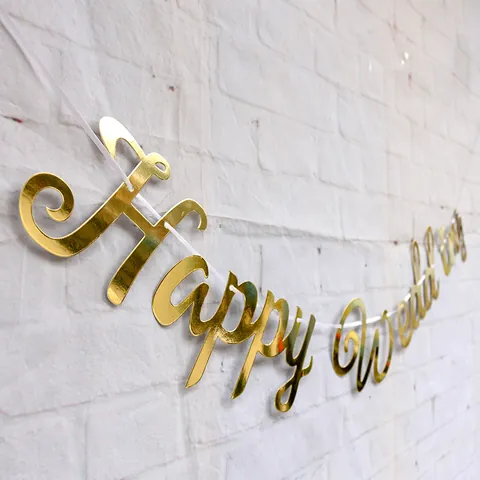 Happy Wedding Schriftzug Spiegelpapier Banner Glitzer Gold Metallic Hochzeit Hintergrund Party Hängende Dekoration Mit Band