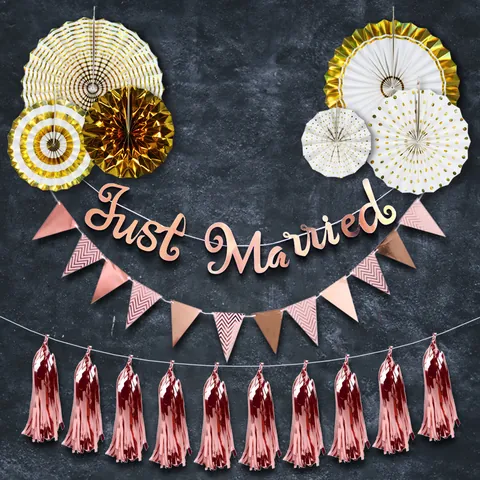 Gold Stamping Paper Fans Happy Birthday Wedding Banner Garland Triangle Bunting Metallic Tassels Party Decoration Collection