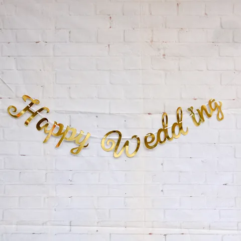 Happy Wedding Schriftzug Spiegelpapier Banner Glitzer Gold Metallic Hochzeit Hintergrund Party Hängende Dekoration Mit Band