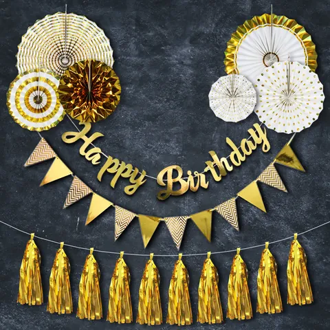 Gold Stamping Paper Fans Happy Birthday Wedding Banner Garland Triangle Bunting Metallic Tassels Party Decoration Collection