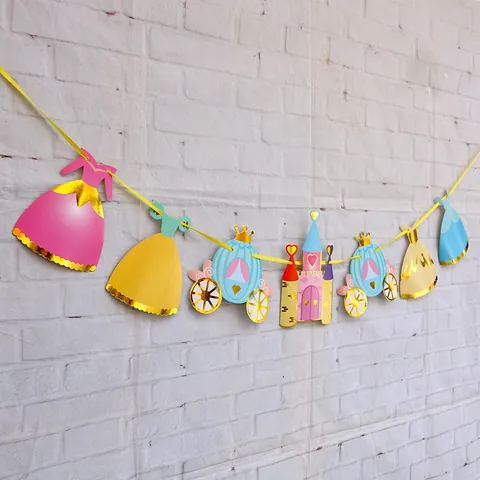 Princess Theme Party Banner Garland Castle Pumpkin Carriage Gold Foil Cardstock Hanging Decoration Birthday Girls Room Decor