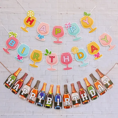 Striscione Buon Compleanno Decorazioni per Feste Creativa Bottiglia di Vino Calice da Cocktail Festone di Carta per Compleanno