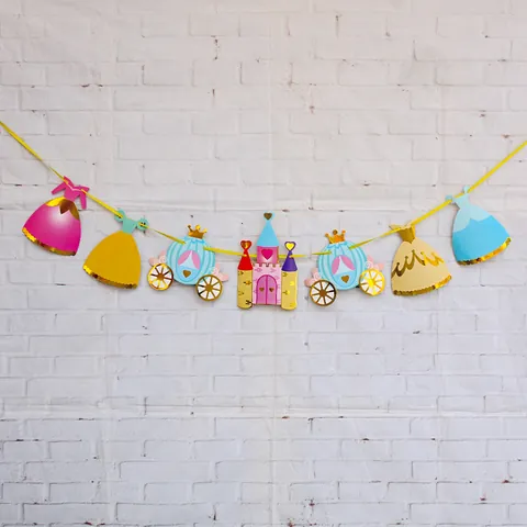 Princess Theme Party Banner Garland Castle Pumpkin Carriage Gold Foil Cardstock Hanging Decoration Birthday Girls Room Decor