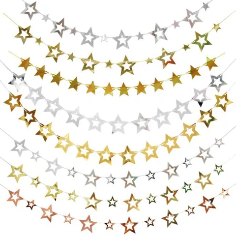 Pentagram Star Paper Garland Banner For Birthday Wedding Party Decoration Hollow Metallic Mirror Star Hanging Decor