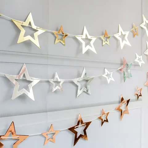 Pentagram Star Paper Garland Banner For Birthday Wedding Party Decoration Hollow Metallic Mirror Star Hanging Decor