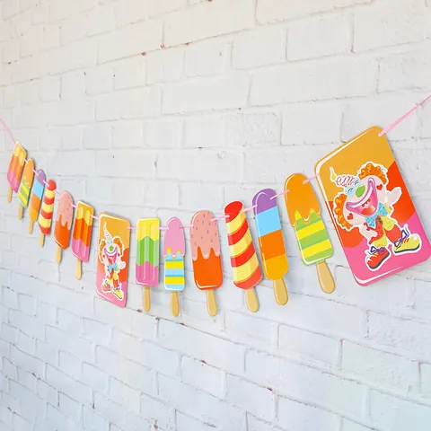 Colorful Ice Cream Popsicle Party Banner Cardboard Fruit Cupcake Happy Birthday Bunting Garland For Summer Birthday Decor