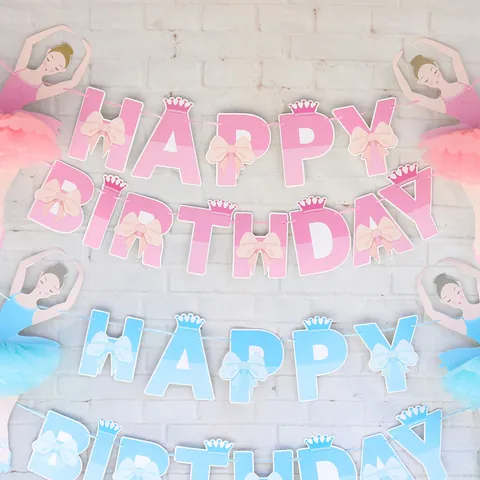 Ballerina Meisje Verjaardag Banner Met Tule Rok Roze Blauw Happy Birthday Hangende Slinger Voor Kinderen Verjaardagsfeestje Decor