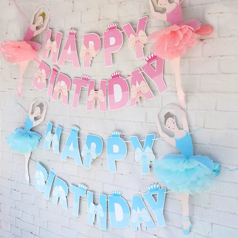 Ballerina Meisje Verjaardag Banner Met Tule Rok Roze Blauw Happy Birthday Hangende Slinger Voor Kinderen Verjaardagsfeestje Decor