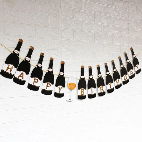 Striscione Buon Compleanno Decorazioni per Feste Creativa Bottiglia di Vino Calice da Cocktail Festone di Carta per Compleanno