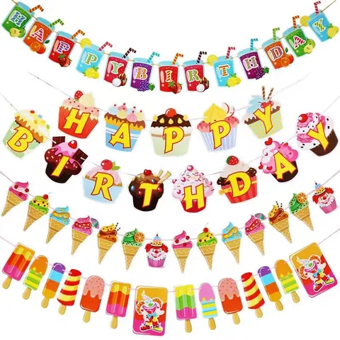 Colorful Ice Cream Popsicle Party Banner Cardboard Fruit Cupcake Happy Birthday Bunting Garland For Summer Birthday Decor